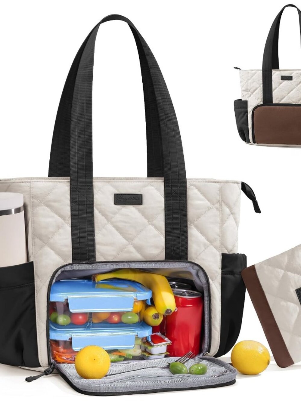 Puffer Lunch Tote Bag for Women, 15.6 Inch Laptop Work Bag with Insulated Lunch